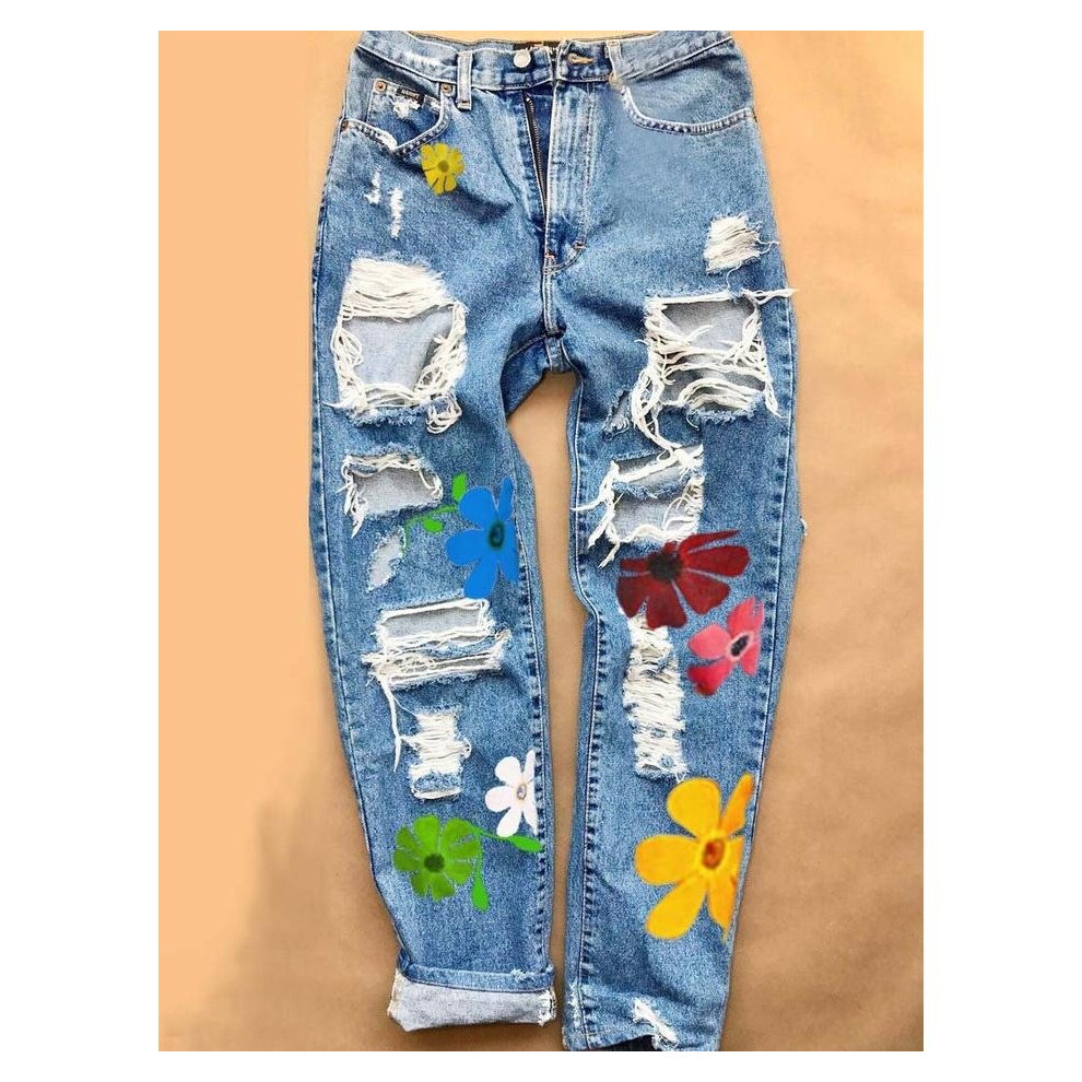 Printed Hole High Waist Straight Denim Jeans Ladies Ripped Jeans with Pockets Casual Women's Jeans Trousers-image-OPC-PBR2WFY-NEW