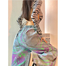 Women Jeans Spring Full Length Low Cotton Straight Elastic Waist LOOSE Vintage Coloured Drawing or Pattern Girls Jeans