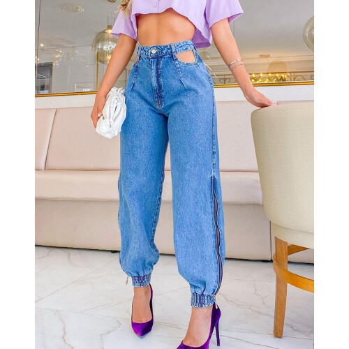 Solid High Waist Hollow-out Side Zipper Jeans Women Casual Denim