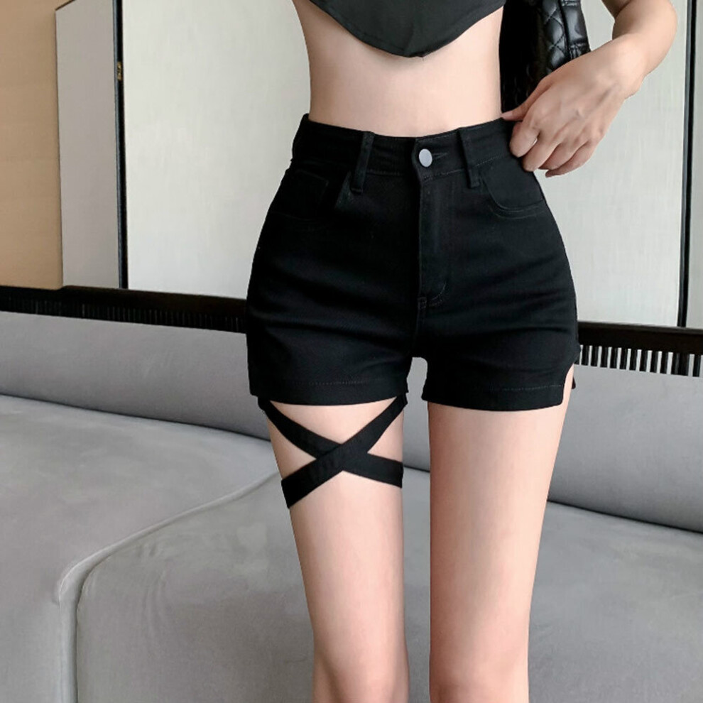 Harajuku High Waist Sexy Slim Outfits Denim Shorts For Women Summer Gothic Punk Style Hollow Out Bandage Shorts-image-OPC-PBR2WXH-NEW
