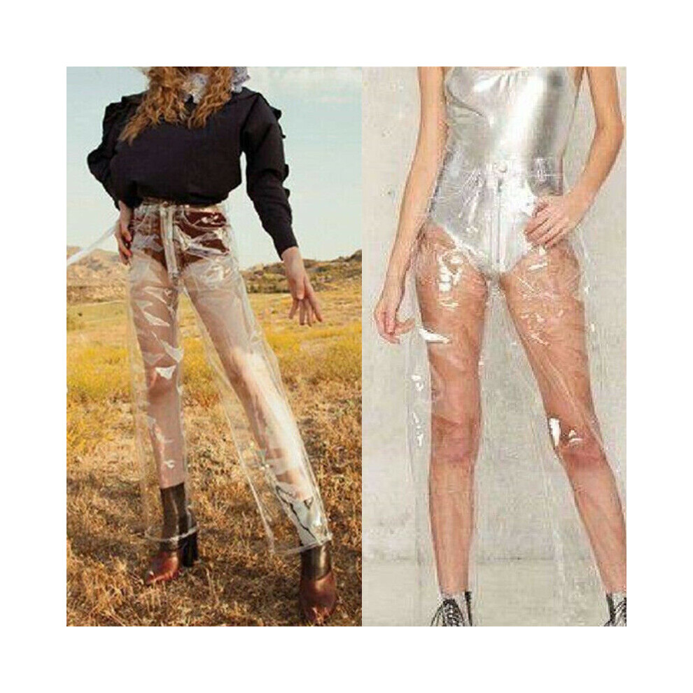 Clear PVC Pants Fetish Plastic Transparent Button Trousers Fashion Trendy  Women Sexy High Waist See Through