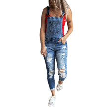 Women's Denim Overalls Casual Slim Fit Ankle Length Skinny Leg Ripped Bib Overalls Long Jumpsuit