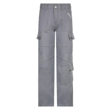 Early Spring Jeans Low-waist Loose Denim Overalls Womens Street Multi-pocket Split Element Solid Pants