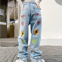 Washed Multi-Pattern Embroidery Jeans Women's Street Hip Hop Loose Wide Leg Mopping waisted jeans