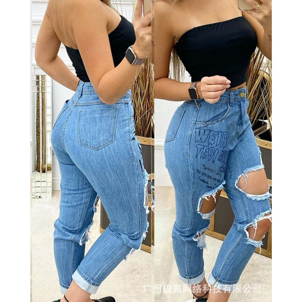 Women Vintage Jeans Summer Slim-Fit Letter-Printing Ripped Jeans Women Streetwear Button High Waist Denim Pencil Pants Trousers-image-OPC-PBR2Z7M-NEW