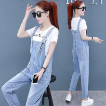Denim Bib Women's Summer Suit Spring and Autumn Version Loose Wild High-waist Straight Pants