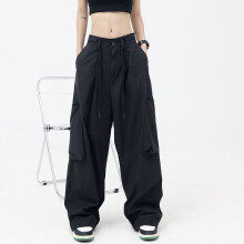 (1 Black-L) American retro hip hop overalls women straight loose all-match wideleg pants drawstring thin couple casual pants Y2K