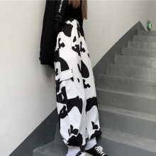 Unisex Retro-Style Straight Wide Leg Trousers Cow Print Trousers Overalls For HSJ88
