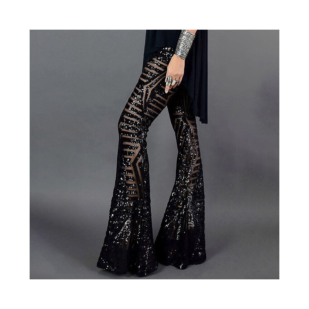 (Black-XL) Bell Bottoms for Women High Waisted Wide Leg Palazzo Pants Bling Sequin Flared Trousers
