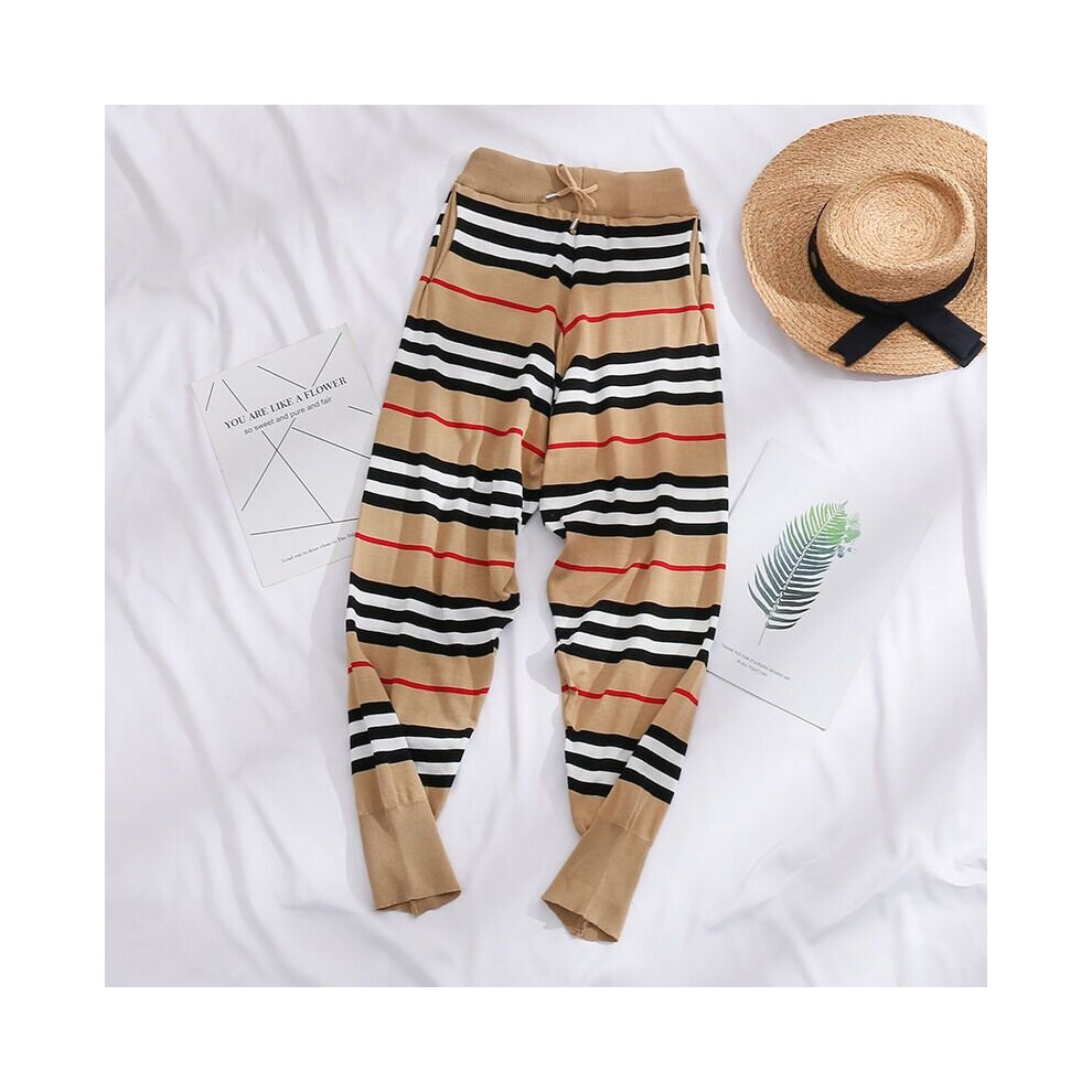 (Khaki-S) British Spring and Autumn Harun Pants Women's Stripe Knitted Casual Lace up Cropped Pants Student Sweatpants-image-OPC-PBR5BSH-NEW