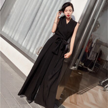 (Black-M) Korejepo Chiffon Casual Wide Leg Jumpsuit Women Summer Lace Up V Neck Temperament Clothes Sleeveless Thin Loose Jumpsuits