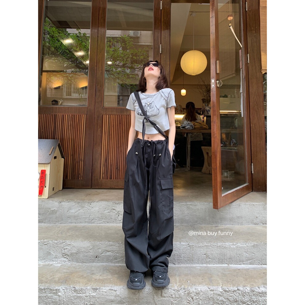 (Black-L) Y2K Drawstring Cargo Parachute Pants Women Harajuku Streetwear Oversize Wide Leg Straight Trousers Female Pockets-image-OPC-PBR5BZ5-NEW