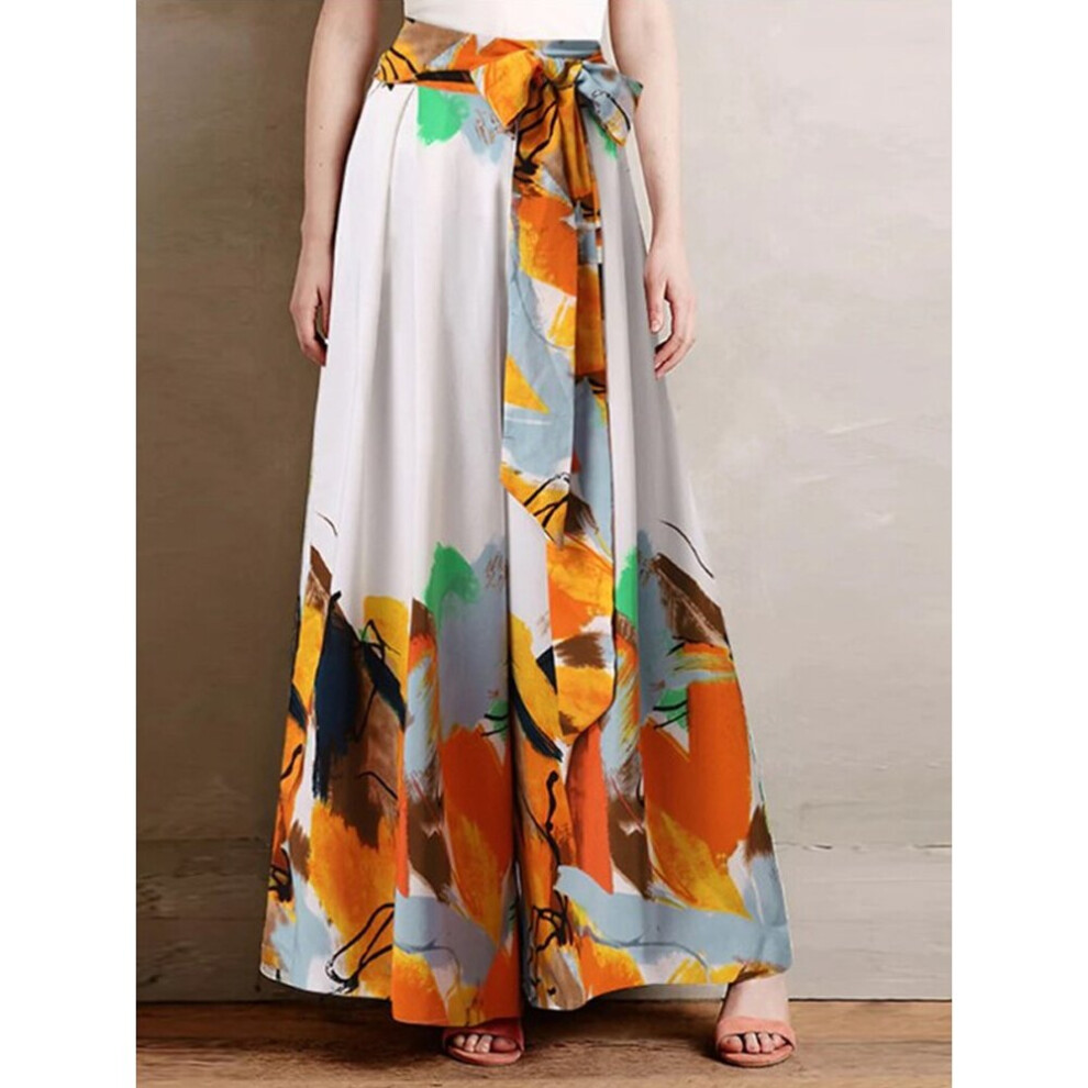 (01 White Beige-S) Vintage Ethnic Style Print Wide Leg Pants Summer Women High Waist Lace Up Loose Trousers Ladies Palazzo Casual Long Pants-image-OPC-PBR5BBP-NEW