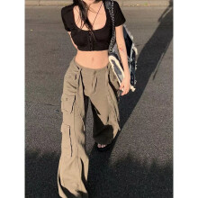 (Grayish green Beige-XXL) vintage streetwear gray overalls wide leg cargo women pants Retro women's trousers sexy low waist loose casual trousers