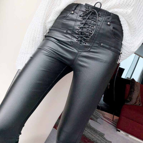 Women Pants PU Leather Trousers Lace-up High Waist Skinny Pencil Pants  Zipper Cuff Faux Leather Female Pants 904F