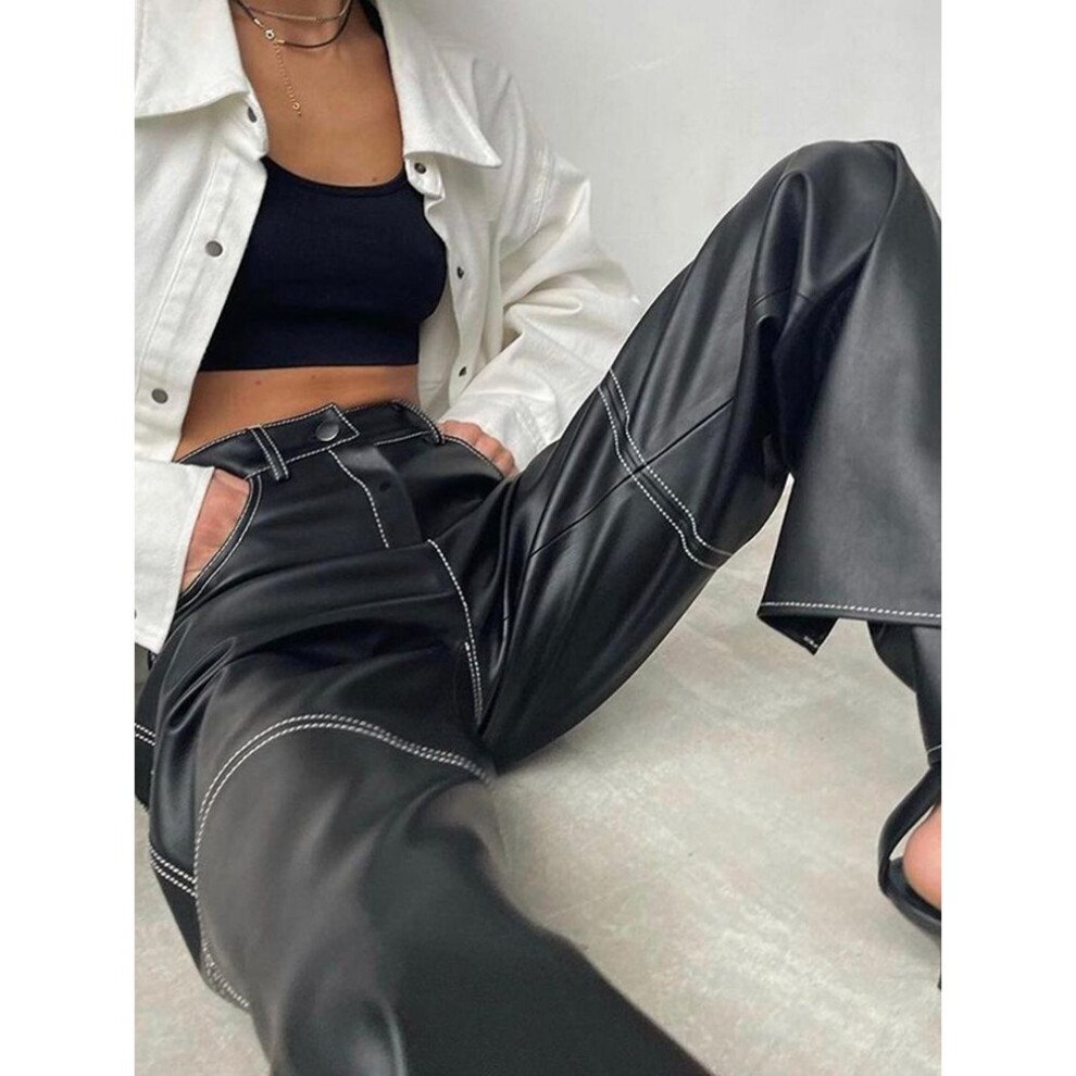 (black-S) Cryptographic Gothic PU Leather Wide Leg Pants Women Trousers Streetwear Bottom Casual Punk Pants Outfits-image-OPC-PBR5D68-NEW