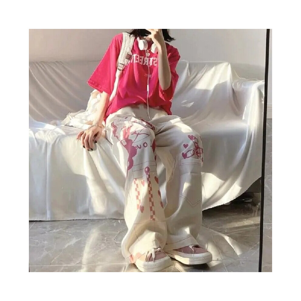 Women linen Japanese Millennial girl pink graffiti wide-leg pants trousers print pattern loose straight leg clothes cotton-image-OPC-PBR5DQC-NEW