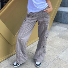 (1 Beige-M) Y2K solid street multi-pocket overalls mid-waist casual jeans women retro punk slim loose denim trousers women