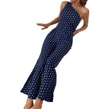 (Navy blue Blue-XL) wave dot micro horn trousers print European and American jumpsuit
