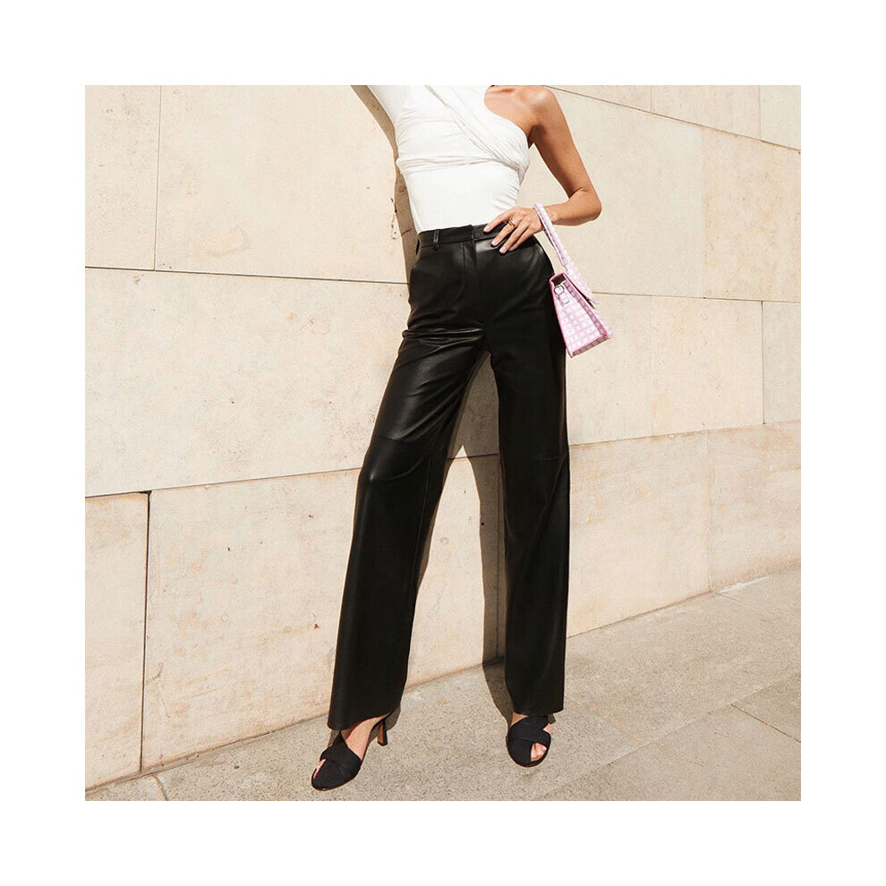 (Black-L) Women Faux Leather Straight Pants Solid High Waist Zipper Female Trousers Woman Casual Thick Fleece Warm Streetwear PU Trouser-image-OPC-PBR5HGS-NEW