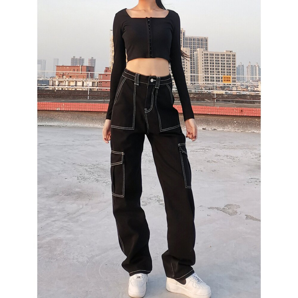 (Black-M) HEYounGIRL Thread Cotton Jeans Women Casual Loose Straight Long Trousers Ladies Harajuku Punk Pants Capris-image-OPC-PBR5GJ2-NEW