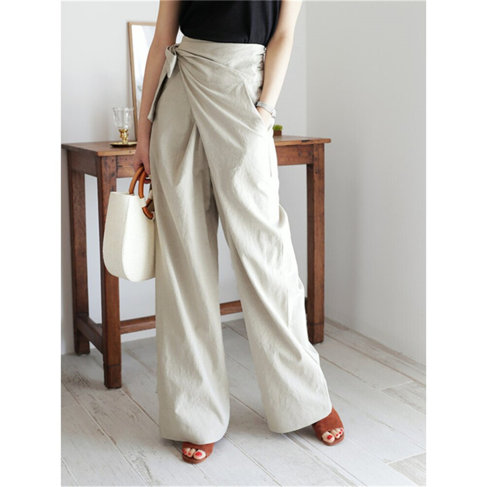 (Beige-M) Pants Women High Waist Office Autumn Winter Wide Leg Lace Up Bow Capris Ankle-Length Straight Trousers-image-OPC-PBR5GNZ-NEW