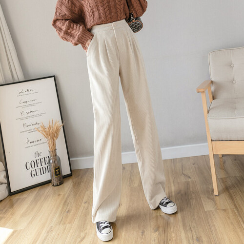 Clothing Beige Corduroy Pants Womens Women's Elastic High Waisted