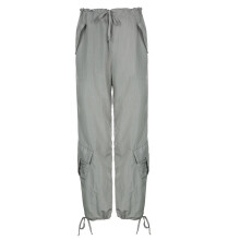 (Gray-S) Loose low waist overalls women American retro street multi-pocket lace-up sports overalls casual jogging pants