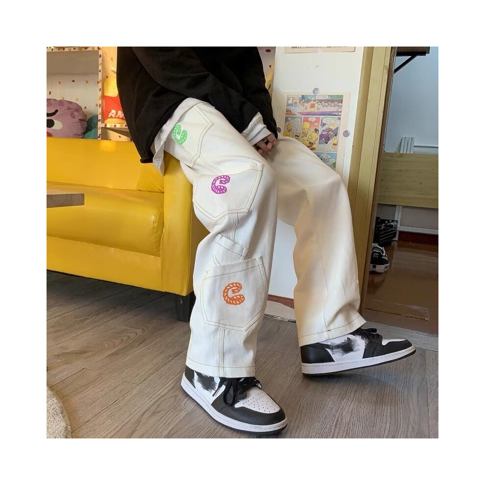 (White Sky blue-XL) Retro Pocket Hip Hop Straight Cargo Pants Men and Women Oversize Jeans Trousers Harajuku Streetwear Denim Pants Vintage-image-OPC-PBR5GMP-NEW