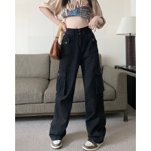 (Black-M) BEENLE Woman Cargo Pants Winter Autumn Casual High-waisted Jeans Wide-leg Straight-leg Slim Jeans Women Clothing