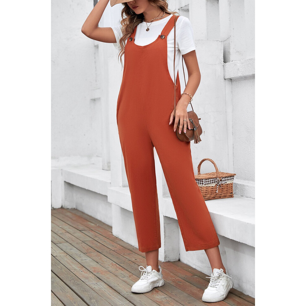(Beige-L) Women's Jumpsuit Casual Loose Cotton Linen Solid Jumpsuit Overalls Wide Leg Cropped Overalls Vestidos-image-OPC-PBR5J8S-NEW