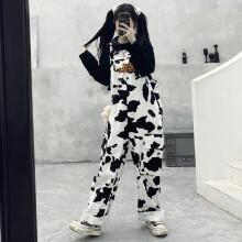 Street Harajuku Tooling Style Casual Cargo Overalls High Waist Loose Cows Printing Trousers Straight Harem Rompers