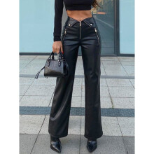 (BLACK-M) Punk Style Leather PU Pants Biker Zip Up Low Waist Straight Pant Motorcycle Gothic Solid Bottoms Racing