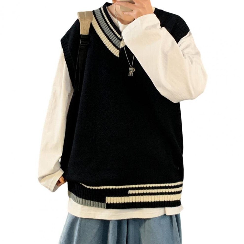 Men Vest Sweater Matching Stripe Sleeveless Sweater Soft Loose Pullover Vest Sweate Elastic V Neck Men Autumn Sweater-image-OPC-PBR5M6G-NEW