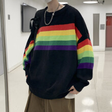 Autumn Light Rainbow Striped Sweater Men Loose Round Neck Matching Knitted SweaterBoutiqueClothing