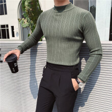 Autumn Winter Slim Fit Stripe Sweater Men Elastic Knitting Pullover Shirts Semi High Neck Solid Tight Sweater