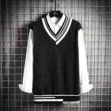 Men Sweater Vest Spring Autumn Loose Striped Pullover Vest Top Men's Casual Sleeveless V-neck Knitted Vest Sweater Vest