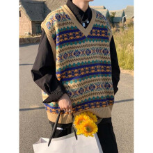 Japanese Retro Knitted Vest Men's Ethnic Style Oversize Top Handsome Streetwear V-neck Sweater Undershirt