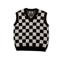 Hip Hop Vest Men Chessboard Lattice Sweater Knitted Spring Streetwear Sleeveless College Style Clothes Classic Knit Vest