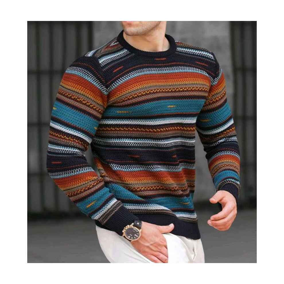 Spring and Autumn Men's Loose Round Neck Sweater Men's Digital Printing Colorful Striped Casual Sweater-image-OPC-PBR5S2J-NEW