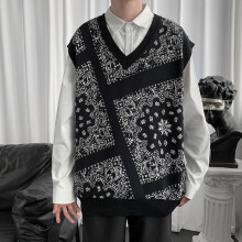 Autumn and Winter Cashew Flower V-neck Knitted Sweater Vest Men's Hong Kong Ins Retro Vest Loose Vest