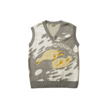 Cartoon V-neck Vest Sweater Men's Autumn Winter Japanese Couple Sweater Sleeveless Vest Sweater Man Top Gray