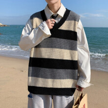 Men Early Autumn V-neck Sweater Waistcoat Men Striped Knitted Vest Tops Male Loose Pullover Sleeveless Vest L01