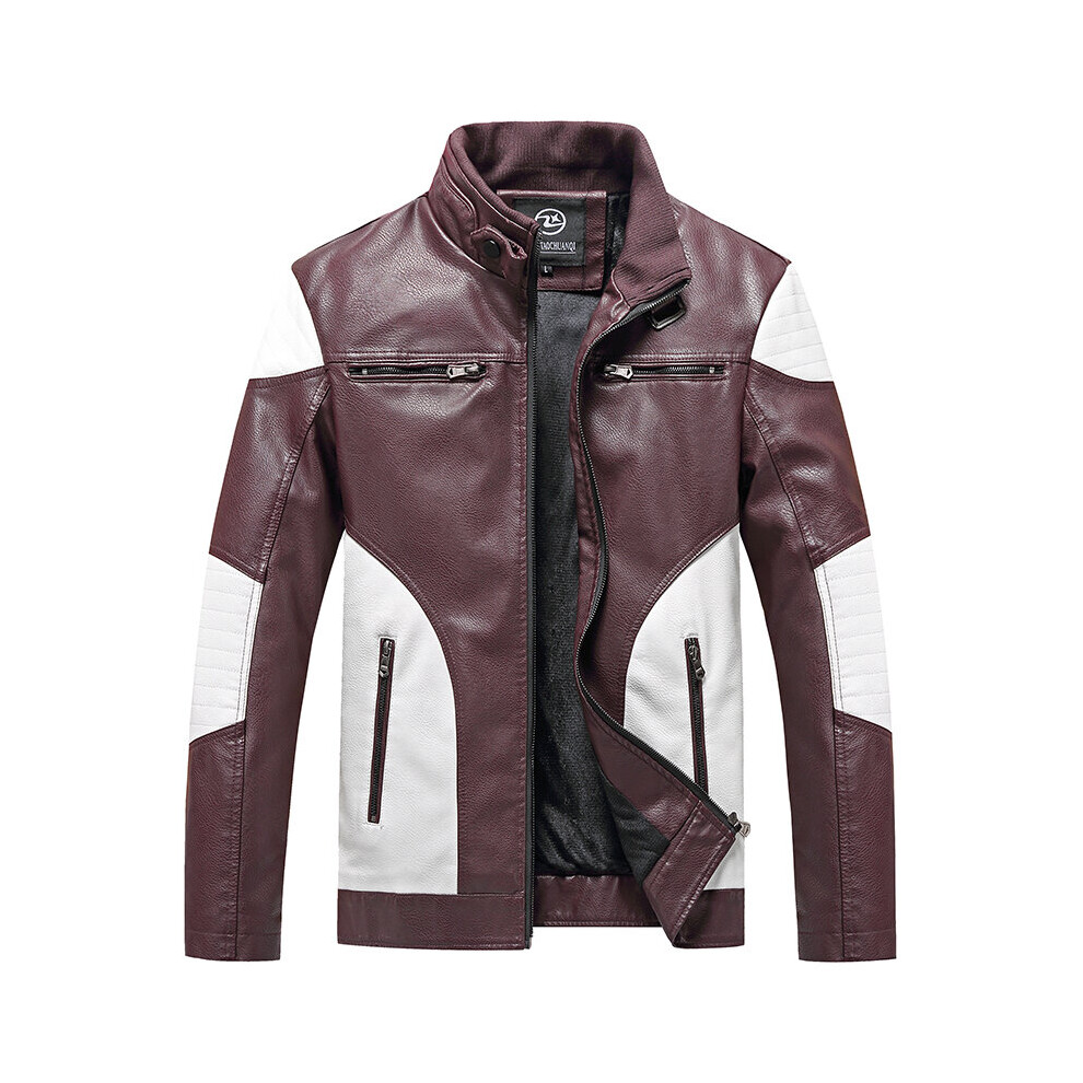 Winter Men Faux Leather Biker Jacket Zippered Pockets Contrast Slim Fit Jacket with Faux Shearling Lining-image-OPC-PBR5XBS-NEW