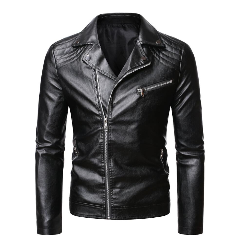Men's Autumn Stand Collar Motorcycle Leather Jacket Youth Oblique Zipper Lapel Leather Jacket Multicoloured 885658528607