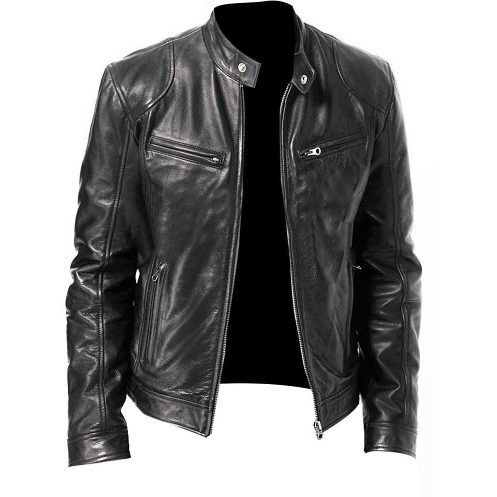Motorcycle Jacket Mens Slim Fit Short-Coat Collar Pu Jackets Winter Autumn Zipper Stand Windproof Leather Coat Black 885658532154