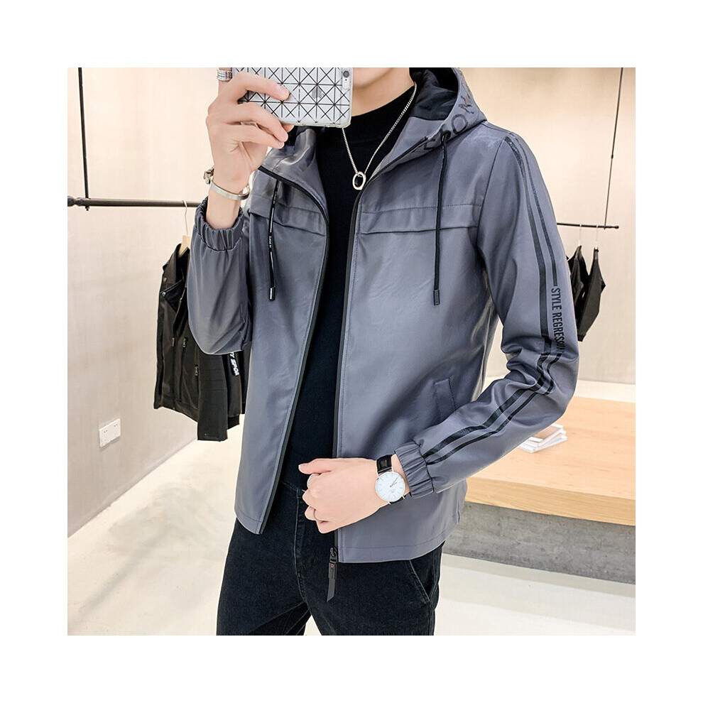 Men's Hooded Striped Matching Motorcycle Leather Jacket Youth Pu Leather Jacket Multicoloured 885658533267