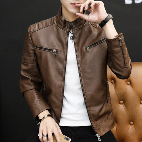 Men's Autumn Slim PU Leather Jacket Youth Casual Versatile Stand Collar