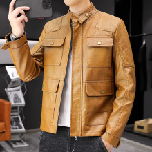 Men's Motorcycle Autumn and Winter Retro Multi-Pocket Casual All-Matching Slim Fit Fleece-Lined Leather Jacket