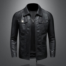 Men's Spring and Autumn Slim-Fit Fleece-Lined Motorcycle Leather Jacket Youth Lapels Casual PU Leather Jacket